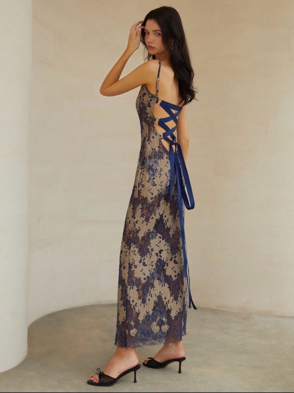 Commense Semi-Sheer open back Midnight Navy Overlay Slip Dress Ribbon Lace-Up